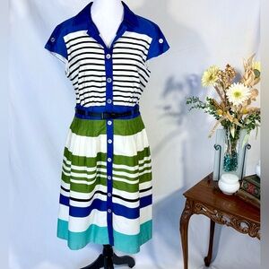 Chetta B Striped Cotton Collared Button Front Coastal Shirt Dress - Size 12💛